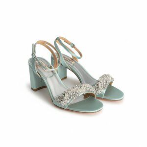 Badgley Mischka “Clara” Teal Faux Pearl Block Heel Sandals – Sz 8.5 – Never Worn